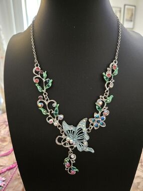 Silver-Tone Butterfly & Crystal Floral Necklace - Green/Pink Accents